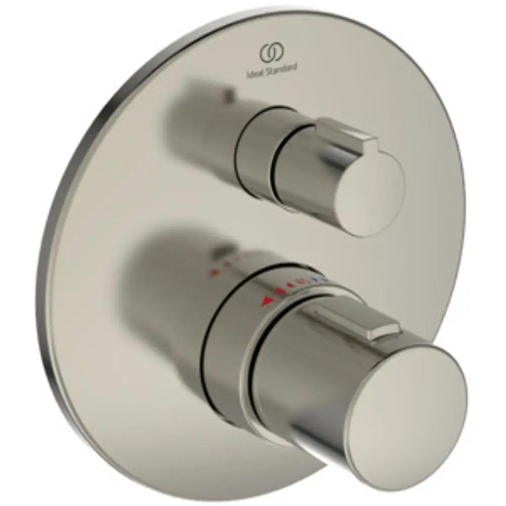 Einzelthermostat von Ideal Standard mit zwei Bedienelementen auf einer runden Rosette. Die Oberfläche zeigt eine metallische Optik und zwei farblich markierte Anzeigen.